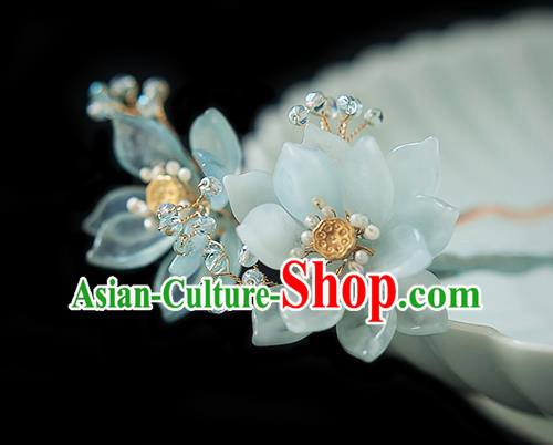 Chinese Handmade Blue Lotus Hair Stick Traditional Ming Dynasty Princess Hairpin