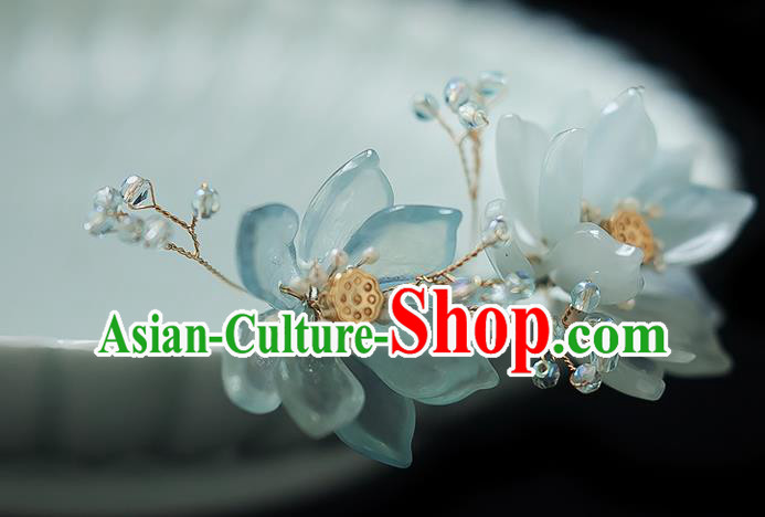 Chinese Handmade Blue Lotus Hair Stick Traditional Ming Dynasty Princess Hairpin