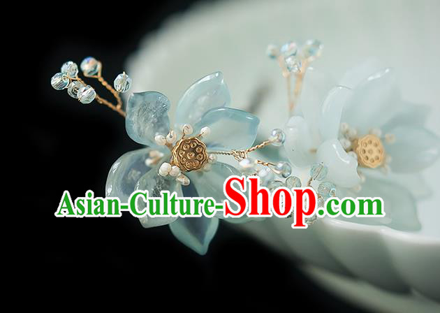 Chinese Handmade Blue Lotus Hair Stick Traditional Ming Dynasty Princess Hairpin