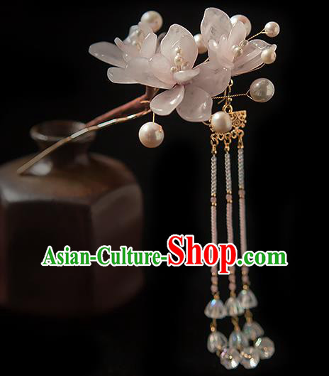 Chinese Handmade Beads Tassel Hair Stick Traditional Ming Dynasty Princess Pink Mangnolia Hairpin