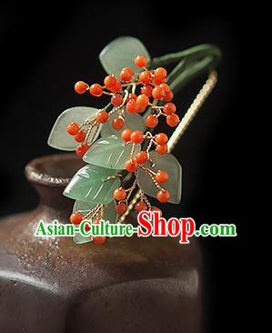 Chinese Handmade Berry Hair Stick Traditional Ming Dynasty Princess Green Leaf Hairpin