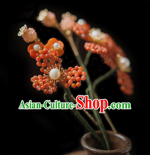 Chinese Handmade Mulberry Hair Stick Traditional Song Dynasty Princess Red Beads Hairpin