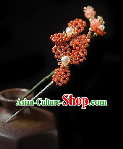 Chinese Handmade Mulberry Hair Stick Traditional Song Dynasty Princess Red Beads Hairpin