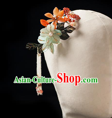 Chinese Handmade Pearls Tassel Hair Stick Traditional Song Dynasty Princess Peach Flowers Hairpin