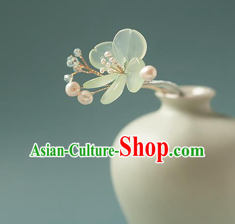 Chinese Handmade Jade Hair Stick Traditional Song Dynasty Princess Green Flower Hairpin