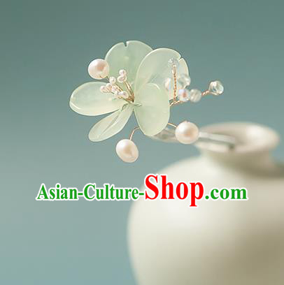 Chinese Handmade Jade Hair Stick Traditional Song Dynasty Princess Green Flower Hairpin