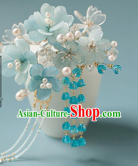 Chinese Handmade Blue Flowers Hair Stick Traditional Tang Dynasty Princess Tassel Hairpin