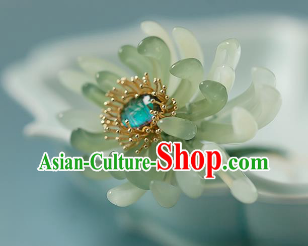 Chinese Handmade Hair Stick Traditional Ming Dynasty Empress Green Chrysanthemum Hairpin