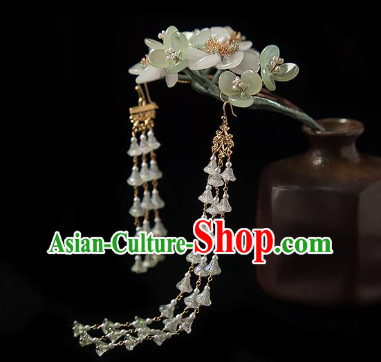 Chinese Handmade Green Flowers Hair Stick Traditional Tang Dynasty Princess Tassel Hairpin