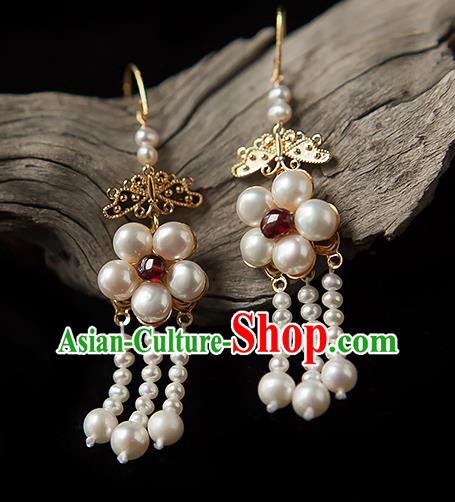 China Traditional Hanfu Pearls Earrings Ancient Ming Dynasty Princess Ruby Ear Jewelry