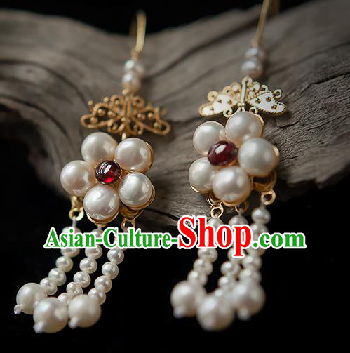 China Traditional Hanfu Pearls Earrings Ancient Ming Dynasty Princess Ruby Ear Jewelry