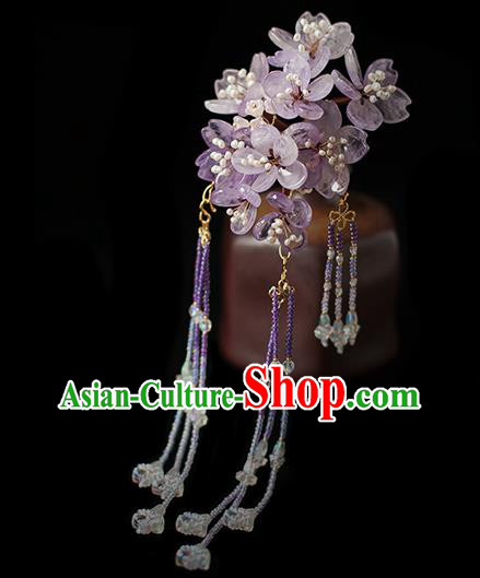 Chinese Handmade Purple Sakura Hair Stick Traditional Tang Dynasty Princess Amethyst Beads Tassel Hairpin