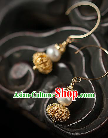 China Traditional Qing Dynasty Imperial Consort Earrings Ancient Palace Lady Golden Gourd Ear Jewelry