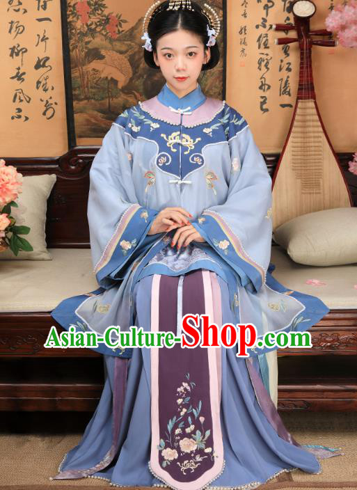China Ancient Landlord Consort Blue Dress Garment Traditional Qing Dynasty Rich Female Clothing