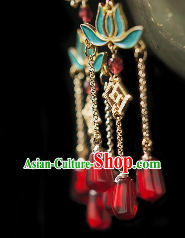 China Traditional Hanfu Red Beads Tassel Earrings Ancient Ming Dynasty Princess Lotus Ear Jewelry