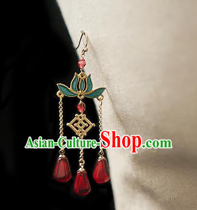China Traditional Hanfu Red Beads Tassel Earrings Ancient Ming Dynasty Princess Lotus Ear Jewelry