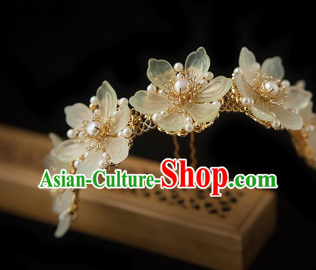 Chinese Handmade Epiphyllum Hair Crown Traditional Ming Dynasty Princess Pearls Hairpin