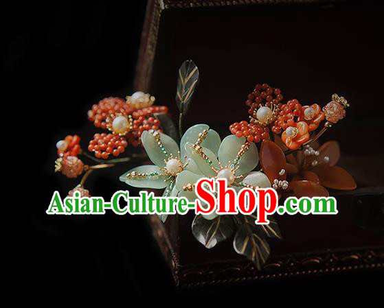 Chinese Handmade Red Beads Hair Stick Traditional Song Dynasty Princess Flowers Hairpin