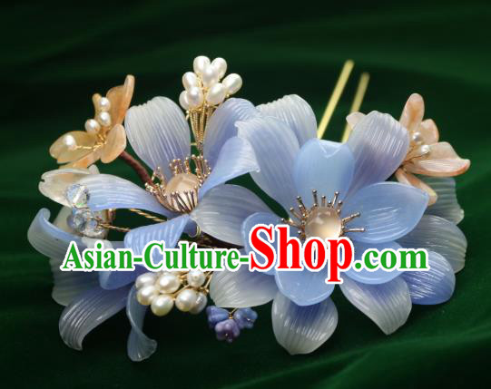 Chinese Handmade Shell Pearls Hairpin Traditional Ancient Princess Blue Lily Flowers Hair Stick