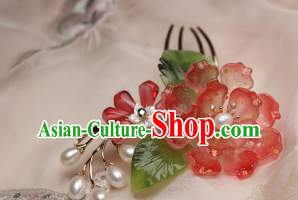 Chinese Handmade Red Peony Hair Comb Traditional Ancient Princess Shell Hair Stick