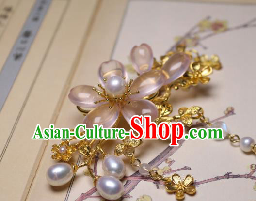 Chinese Traditional Ancient Princess Sakura Hairpin Handmade Tang Dynasty Rose Quartz Hair Stick