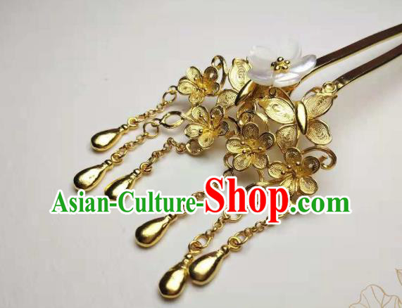 Chinese Handmade Shell Sakura Hair Stick Traditional Ancient Princess Golden Tassel Hairpin