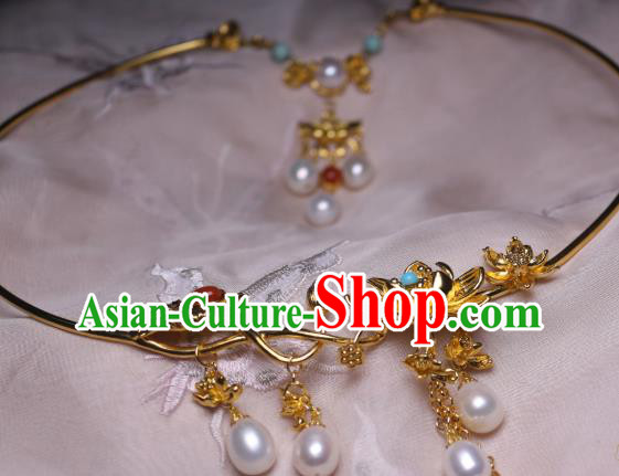 China Traditional Tang Dynasty Golden Lotus Necklet Accessories Handmade Hanfu Pearls Tassel Necklace
