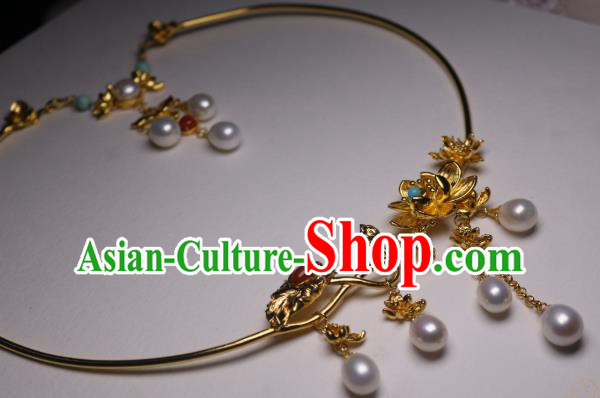 China Traditional Tang Dynasty Golden Lotus Necklet Accessories Handmade Hanfu Pearls Tassel Necklace