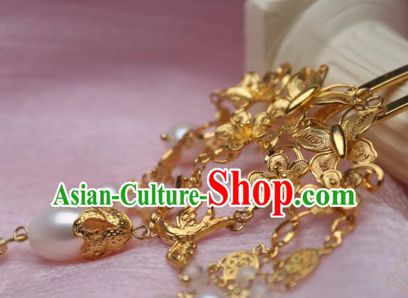 Chinese Handmade Pearls Tassel Hair Stick Traditional Ancient Princess Golden Butterfly Hairpin