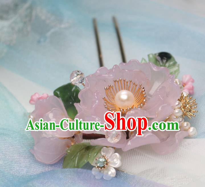 Chinese Handmade Pink Peony Hair Stick Traditional Ancient Princess Shell Pearls Hairpin