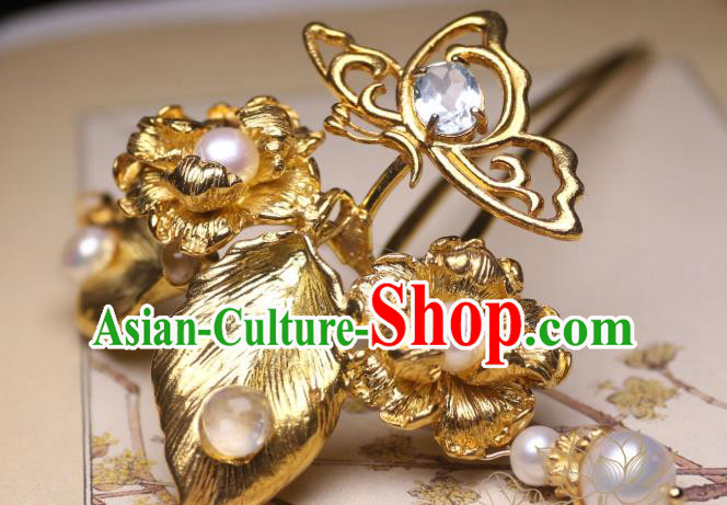 Chinese Handmade Golden Hibiscus Hair Stick Traditional Ancient Princess Pearls Hairpin