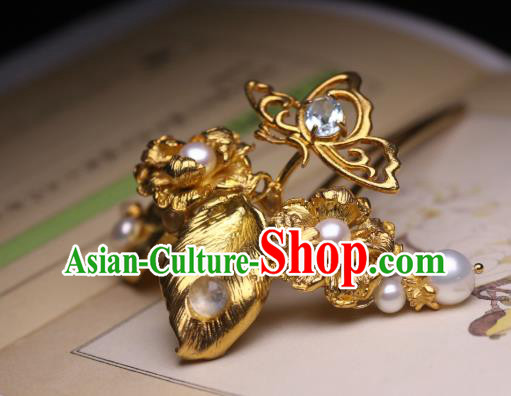 Chinese Handmade Golden Hibiscus Hair Stick Traditional Ancient Princess Pearls Hairpin