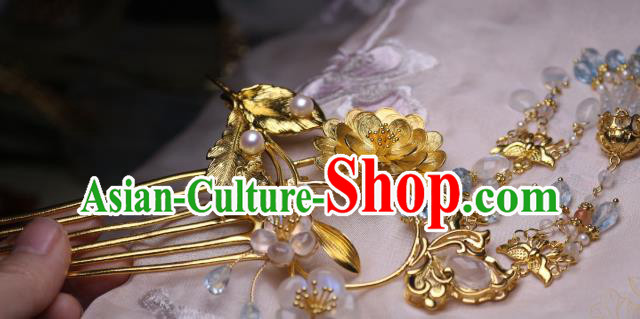 Chinese Handmade Tassel Hair Comb Traditional Ancient Princess Golden Lotus Hairpin