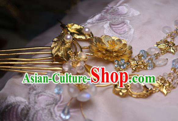 Chinese Handmade Tassel Hair Comb Traditional Ancient Princess Golden Lotus Hairpin