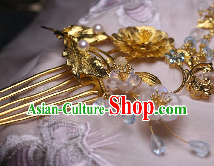 Chinese Handmade Tassel Hair Comb Traditional Ancient Princess Golden Lotus Hairpin