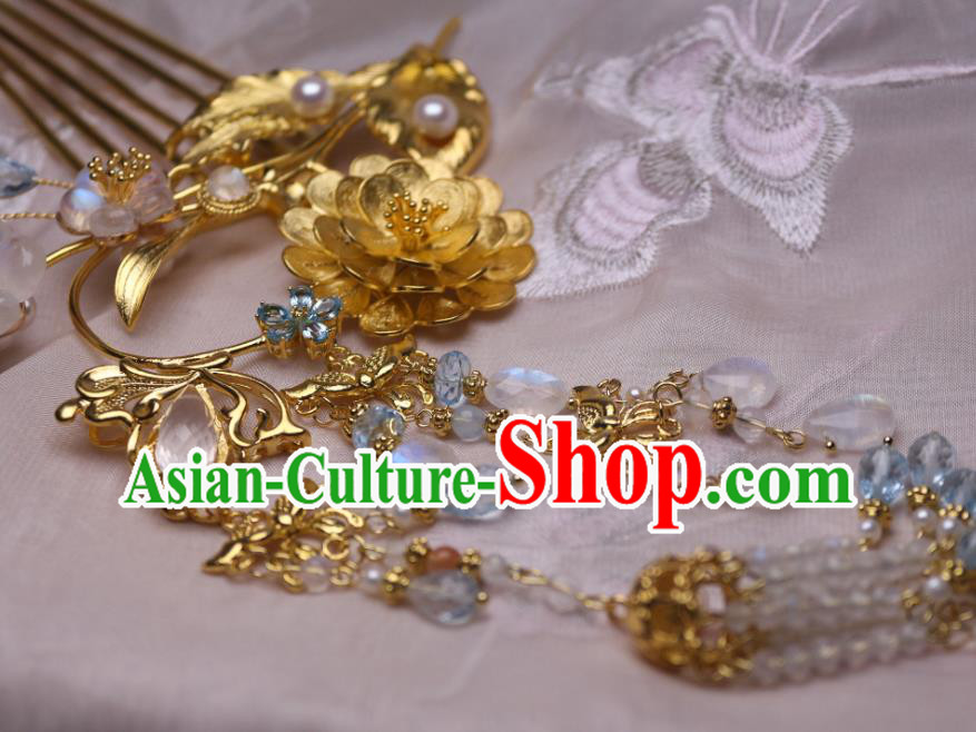Chinese Handmade Tassel Hair Comb Traditional Ancient Princess Golden Lotus Hairpin