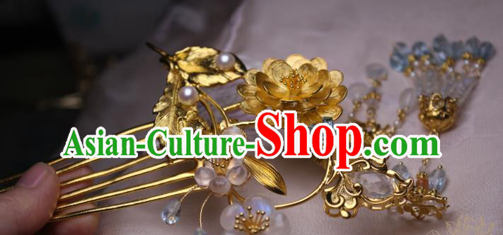 Chinese Handmade Tassel Hair Comb Traditional Ancient Princess Golden Lotus Hairpin