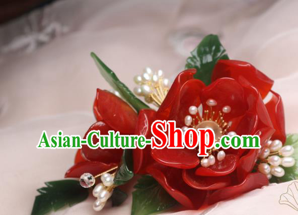 Chinese Handmade Red Camellia Hair Stick Traditional Ancient Princess Pearls Hairpin Hair Accessories