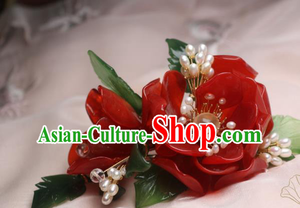 Chinese Handmade Red Camellia Hair Stick Traditional Ancient Princess Pearls Hairpin Hair Accessories