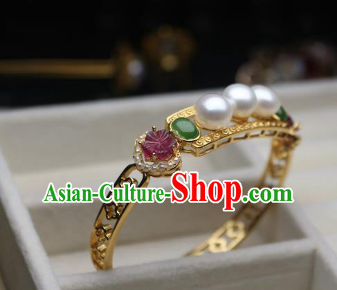 China Traditional Qing Dynasty Tourmaline Pearls Bracelet Accessories Handmade Golden Bangle Jewelry