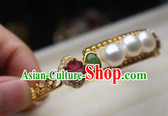 China Traditional Qing Dynasty Tourmaline Pearls Bracelet Accessories Handmade Golden Bangle Jewelry