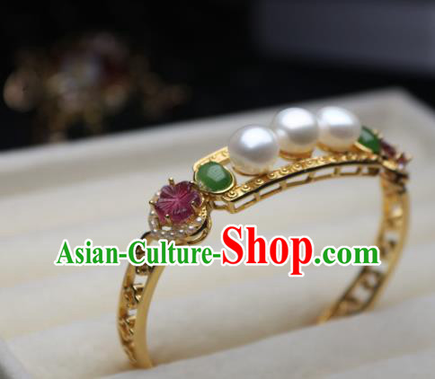 China Traditional Qing Dynasty Tourmaline Pearls Bracelet Accessories Handmade Golden Bangle Jewelry
