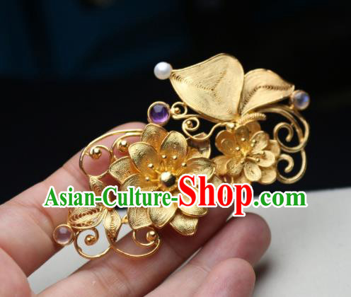 Chinese Handmade Golden Lotus Hair Stick Traditional Ancient Princess Amethyst Hairpin