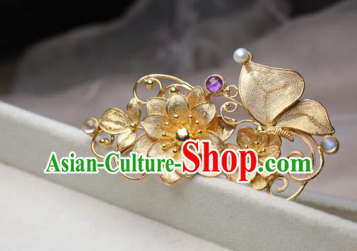 Chinese Handmade Golden Lotus Hair Stick Traditional Ancient Princess Amethyst Hairpin