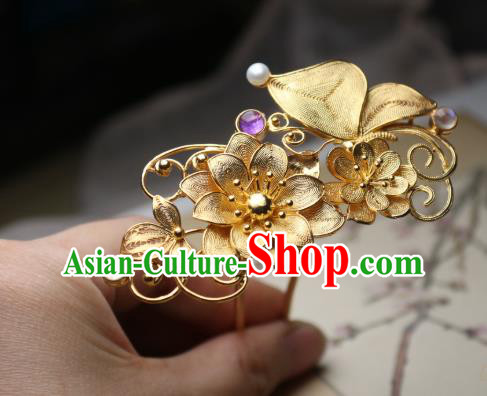 Chinese Handmade Golden Lotus Hair Stick Traditional Ancient Princess Amethyst Hairpin