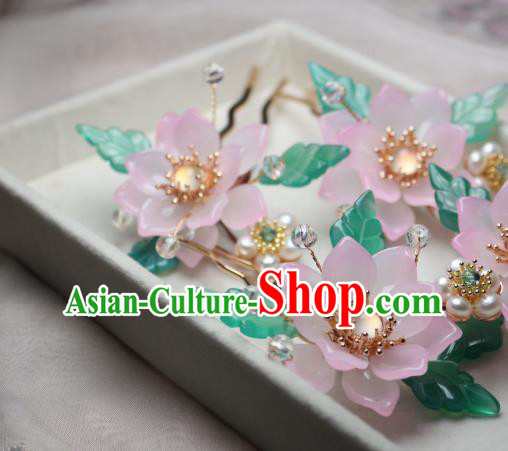 Chinese Handmade Pink Epiphyllum Hair Stick Traditional Ancient Princess White Chalcedony Hairpin