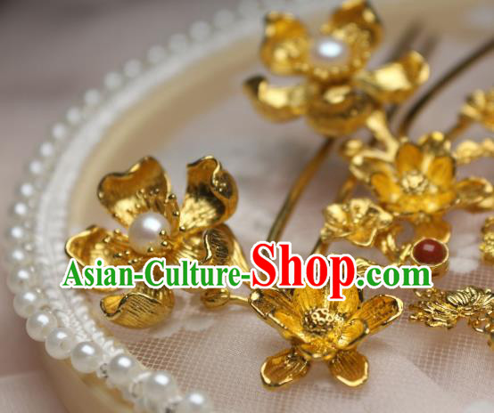 Chinese Handmade Tang Dynasty Pearls Tassel Hair Stick Traditional Ancient Princess Golden Lotus Hairpin