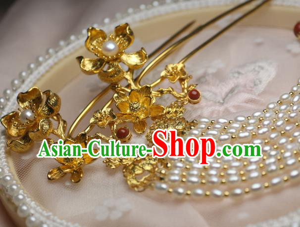 Chinese Handmade Tang Dynasty Pearls Tassel Hair Stick Traditional Ancient Princess Golden Lotus Hairpin