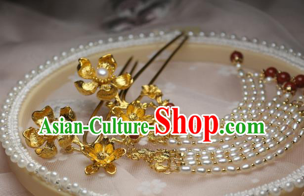 Chinese Handmade Tang Dynasty Pearls Tassel Hair Stick Traditional Ancient Princess Golden Lotus Hairpin
