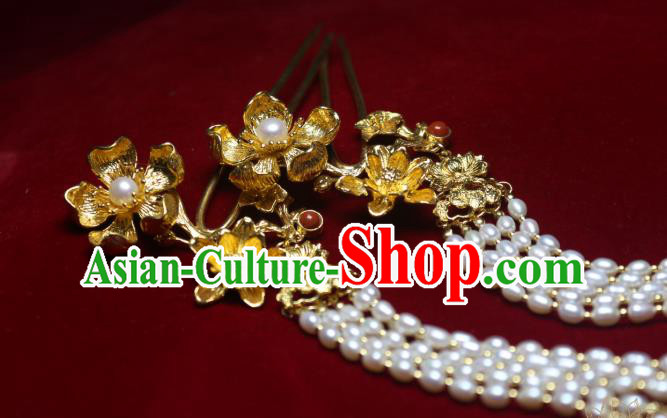 Chinese Traditional Ancient Princess Golden Peony Hairpin Handmade Tang Dynasty Pearls Tassel Hair Stick